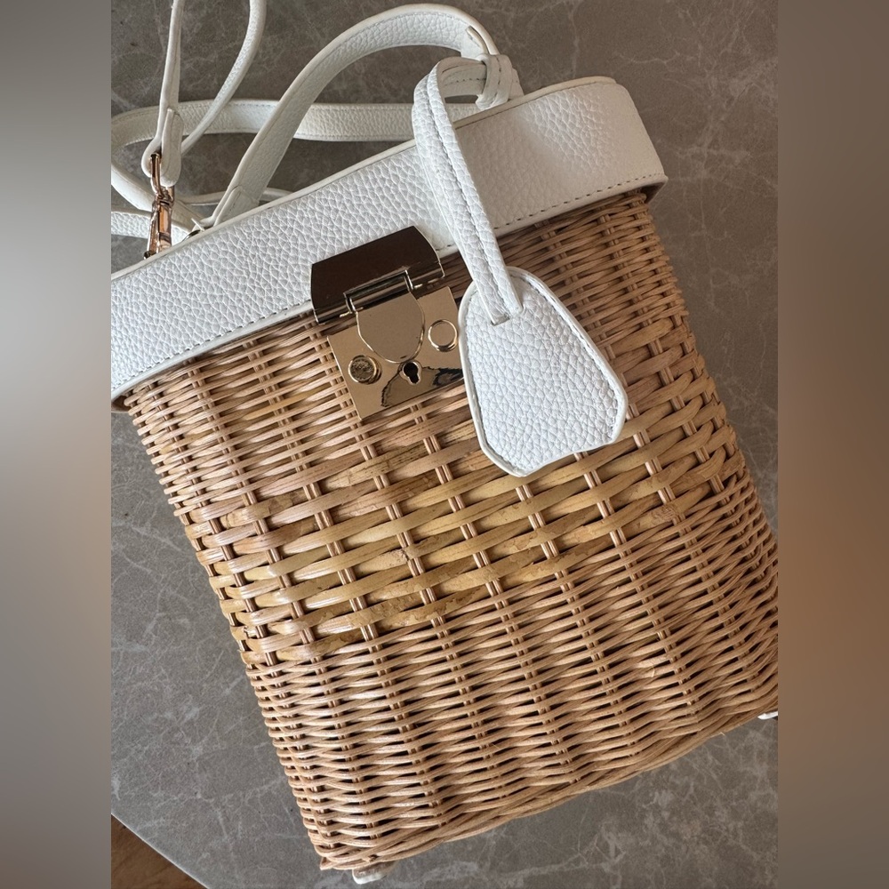 White and Tan Woven Basket Bag